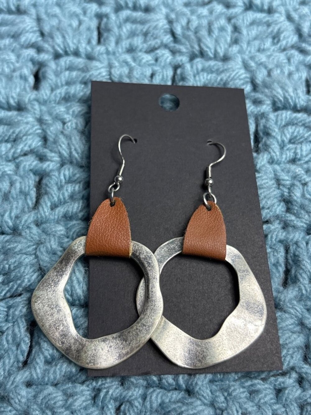 Vintage Artisan Silvertone Abstract Circle Dangle Earrings Brown Leather Accents